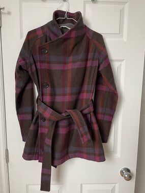 Woolrich Plaid Wool-Blend Coat in Brown and Plum